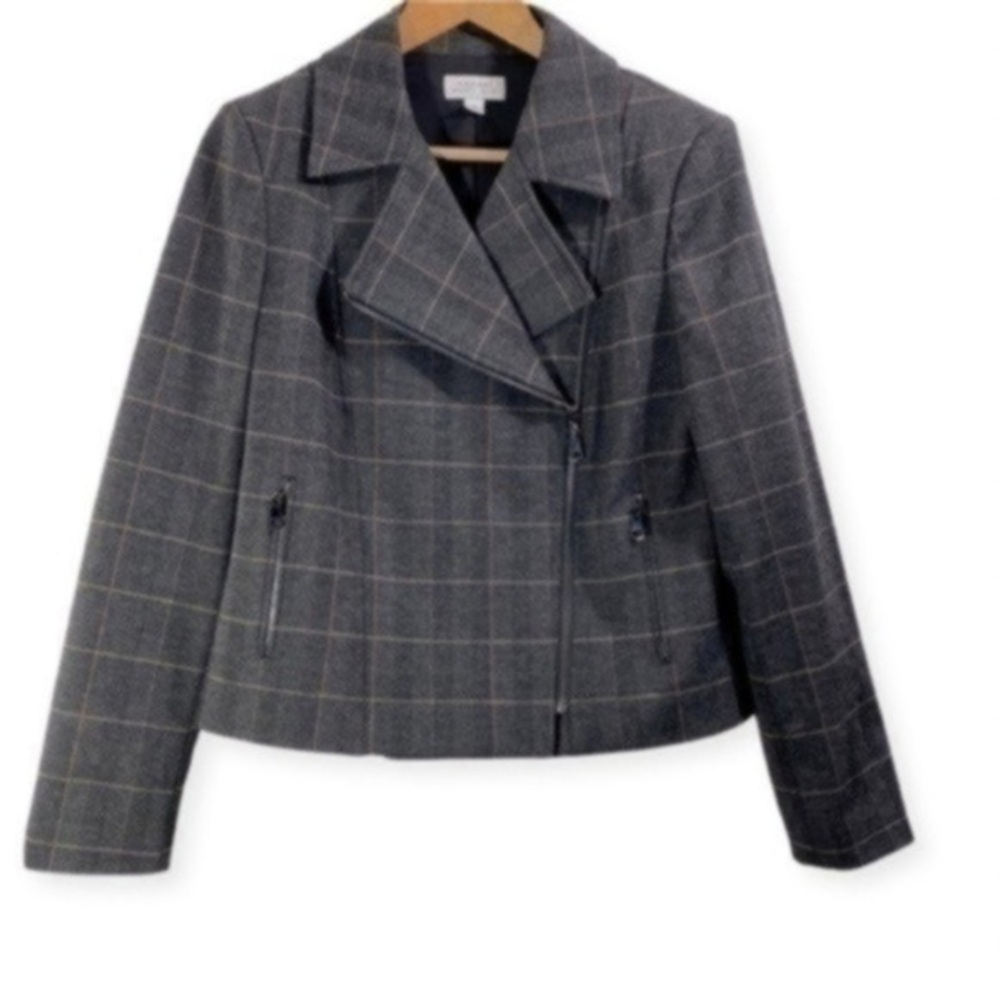 TAHARI Womens Black Pocketed Zippered Plaid Motorcycle Jacket Size 10 - Picture 4 of 13